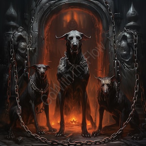 Puede incluir: Ilustración digital de tres perros negros amenazantes con cadenas, ambientada en un arco gótico oscuro con un resplandor naranja. La obra tiene un tema de fantasía, con una atmósfera dramática y ominosa.