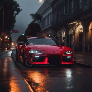 May include: A red sports car with a sleek design is parked on a wet street at night. The car has bright headlights and taillights, and a spoiler. The background features buildings and streetlights, creating a dramatic scene.