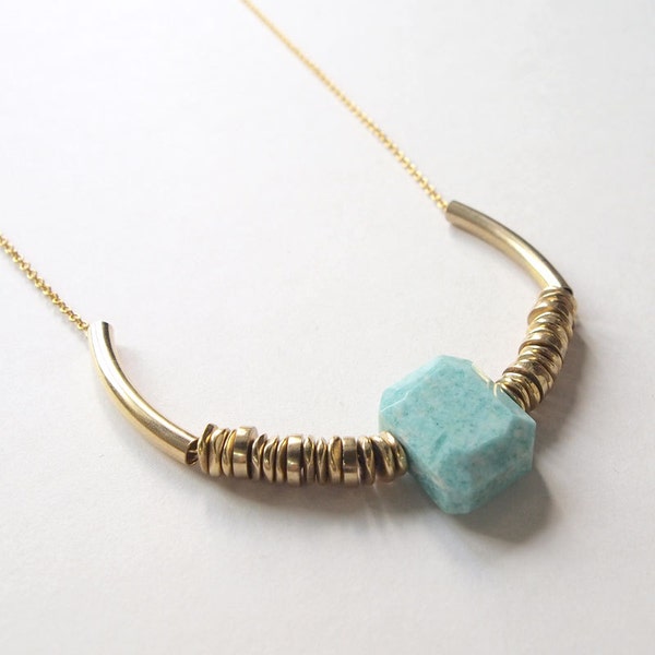 LAST PIECE - Amazonite Necklace : Faceted Amazonite and Mixed Brass, Tribal, Boho