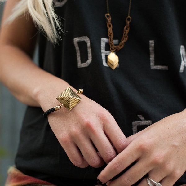 Rope Bracelet : Autumn Jewelry - Black Rope Bracelet with Vintage Brass Pyramid