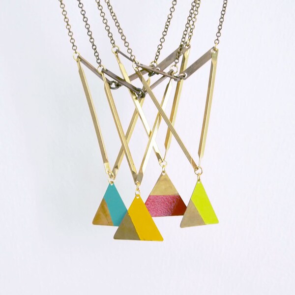 Geometric Necklace : Summer Fashion - Painted Brass Triangle Necklace - CHOOSE ONE COLOR