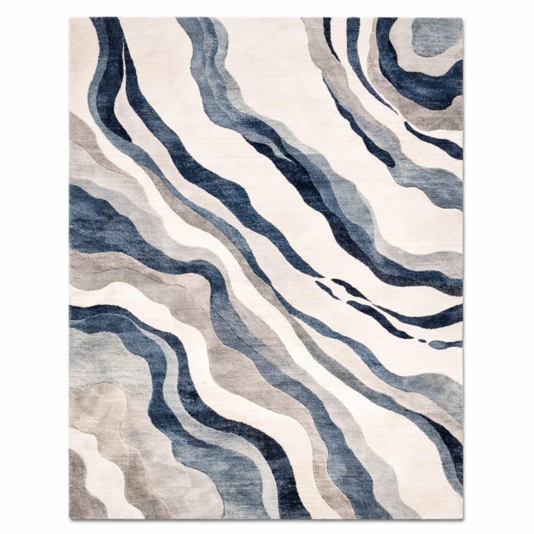 Hand-tufted Modern Abstract Blue Wave Rug, Contemporary Cream & Navy ...