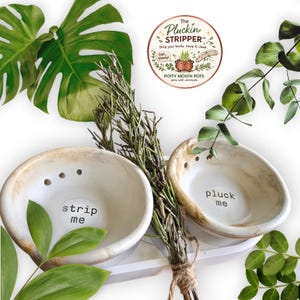 Op de afbeelding: Twee off-white keramische kruidenstripperschalen met de woorden "strip me" en "pluck me" erin gedrukt. Een bundel kruiden is met touw tussen de kommen gebonden. De kommen staan op een wit dienblad, omringd door groen.