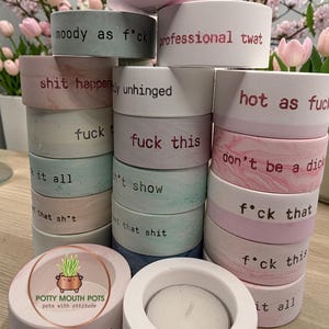 May include: A collection of cylindrical concrete pots in various pastel colours, including pink, white, and light blue, featuring printed text such as "moody as f*ck," "professional twat," "hot as fuck," "fuck this," and "calm." Some pots have marble patterns.