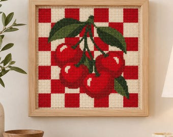Cherries Needlepoint Chart PDF, 13 14 18 Mesh, Printable Kitchen Pattern, DMC Colour Key, Instant Download