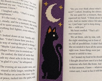 Black Cat Bookmark Needlepoint Chart PDF, 2x6 Inch on 18 Mesh, Moon and Stars Halloween Pattern, DMC Colour Key, Instant Download