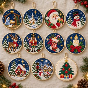 May include: A set of eleven circular cross-stitch ornaments featuring festive holiday scenes including a nativity, Santa Claus, a snowman, a reindeer, a nutcracker, a stocking, a candle, winter houses, and a decorated Christmas tree with gifts.
