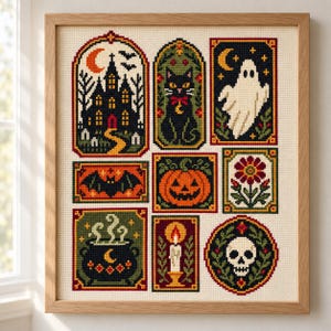 Folk Halloween Sampler Needlepoint Pattern, Cross Stitch Chart (PDF Download)
