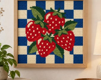 Strawberries Needlepoint Chart PDF, 13 14 18 Mesh, Blue Check Kitchen Wall Art Pattern, DMC Colour Key, Instant Download