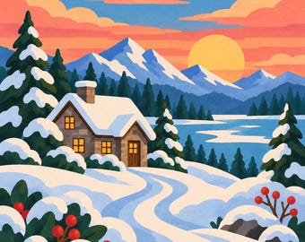 Winter Cabin Needlepoint Chart PDF, 13 14 18 Mesh, Printable Winter Landscape Pattern, DMC Colour Key, Instant Download