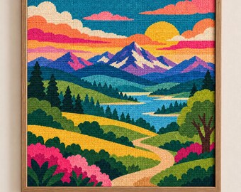 Mountain Sunset Needlepoint Chart PDF, 13 14 18 Mesh, Printable Landscape Pattern, DMC Colour Key, Instant Download