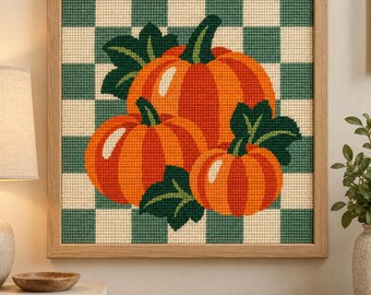Pumpkins Needlepoint Chart PDF, 13 14 18 Mesh, Green Check Fall Kitchen Wall Art Pattern, DMC Colour Key, Instant Download
