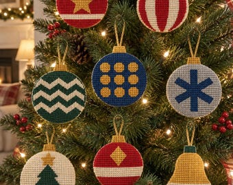 8 Christmas Ornament Needlepoint Charts PDF Bundle, 4 Inch Beginner Patterns, 13 14 18 Mesh, 6 DMC Colours, Instant Download