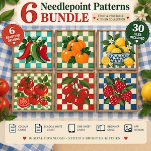 May include: A digital bundle of 6 needlepoint patterns featuring fruit and vegetable designs on checkered backgrounds. The collection includes peppers, pumpkins, lemons, tomatoes, cherries, and strawberries, with charts and a guide included.