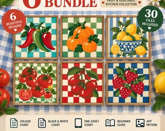 6 Needlepoint Patterns Bundle, Retro Kitchen Needlepoint Charts, Fruit & Vegetable Gingham Designs, Beginner Digital PDF Patterns