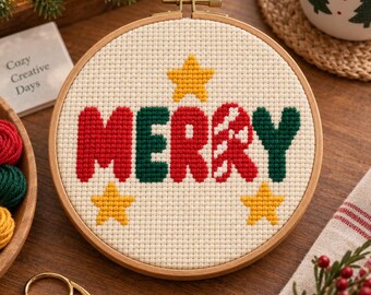 Merry Christmas Word Art Needlepoint Chart PDF, 13 14 18 Mesh, Printable Christmas Pattern, DMC Colour Key, Instant Download