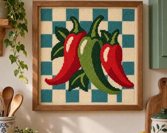 Chili Peppers Needlepoint Chart PDF, 13 14 18 Mesh, Teal Check Kitchen Wall Art Pattern, DMC Colour Key, Instant Download