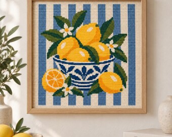 Lemon Bowl Needlepoint Chart PDF, 13 14 18 Mesh, Printable Kitchen Pattern, DMC Colour Key, Instant Download