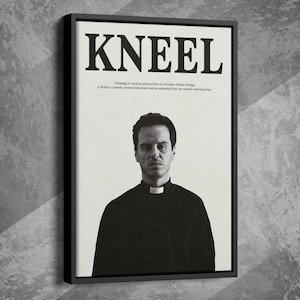 May include: Black and white framed print featuring the word "KNEEL" in bold letters above a portrait of a man in a clerical collar. The print includes text about the show "Fleabag".