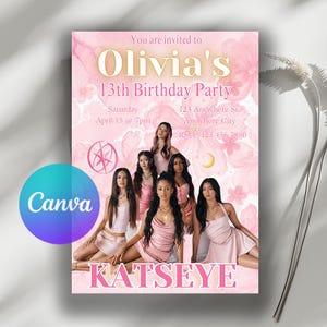 以下が含まれることがあります： 「Olivia's 13th Birthday Party」と書かれたピンク色の誕生日パーティーの招待状。招待状には花の模様とピンクのドレスを着た女性たちのグループが描かれています。Canvaのロゴが見えます。