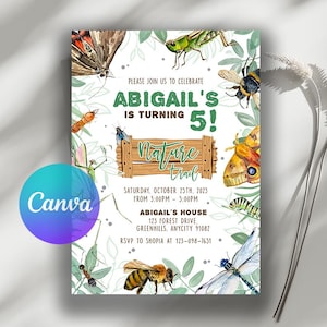 May include: A birthday party invitation with a nature theme. The invitation features watercolor illustrations of insects and butterflies. The text reads "Abigail's is turning 5!" and includes event details. The Canva logo is in the bottom left corner.