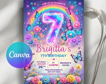 7th Birthday Invitation,Rainbow Butterfly With Flowers 7th Birthday Girl,7th Birthday Party,Instant Download,Editable Canva Template