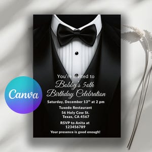 May include: A formal invitation design featuring a black tuxedo jacket, white dress shirt, and black bow tie. The invitation text reads "Bobby's 50th Birthday Celebration" with event details. The Canva logo is visible in the lower left corner.