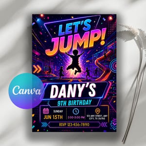 Puede incluir: Una tarjeta de invitación de cumpleaños con temática de neón con el texto LET'S JUMP! DANY'S 9TH BIRTHDAY. El diseño muestra siluetas de niños saltando en un trampolín en un entorno oscuro y colorido con un tobogán, fecha, hora y ubicación.