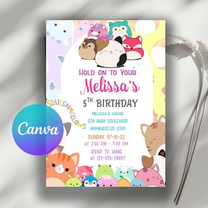 May include: A colorful birthday invitation featuring cartoon animal characters. The invitation includes the text "Hold on to your Melissa's 5th Birthday" and event details. The design incorporates a playful, whimsical aesthetic with pastel colors and decorative elements.