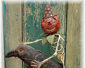 Instant Download DIY Craft Sewing PDF PATTERN Skeleton Doll Riding a Crow Halloween Folk Art for your Rustic, Country Farmhouse Home Decor