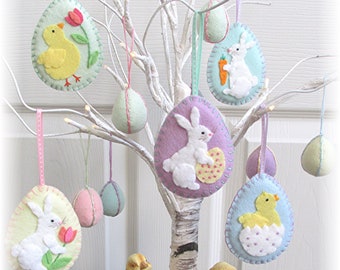 PDF Pattern for Easter Spring Wool Felt Applique Ornaments.  Cute Bunny, Chick, Eggs