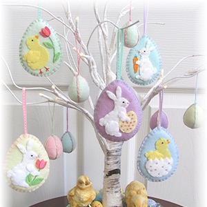 PDF Pattern for Easter Spring Wool Felt Applique Ornaments.  Cute Bunny, Chick, Eggs