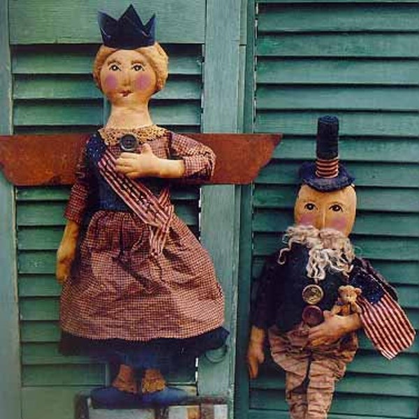 The Country Cupboard E-PATTERN PDF Instant Download Primitive Folk Art Craft Sewing PATTERN Uncle Sam and Lady Liberty Dolls Americana Decor