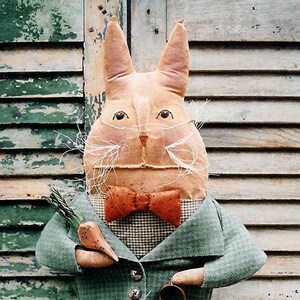 May include: A plush bunny rabbit doll wearing a green jacket, a checked shirt, a bow tie, and brown trousers. The bunny is holding a carrot and a watering can.