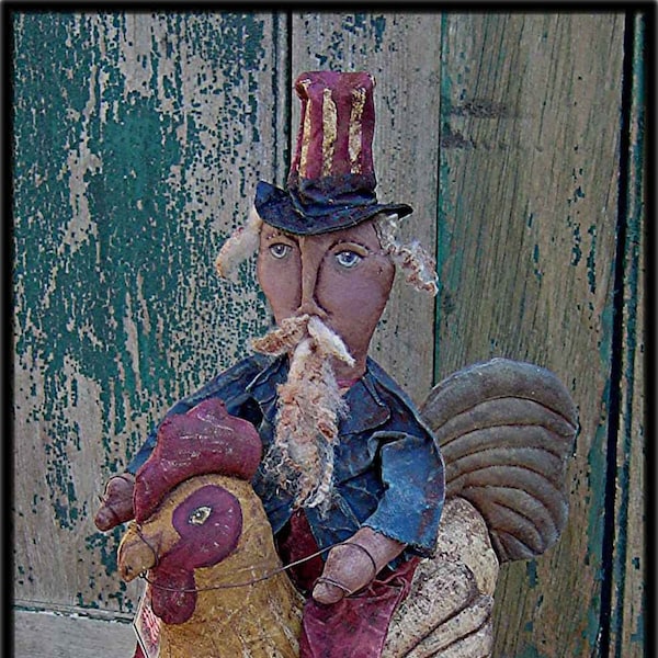 Instant Download PDF Pattern for a Folk Art Americana Uncle Sam Doll Riding a Rooster DIY Craft Sewing Rustic Primitive Home Decor