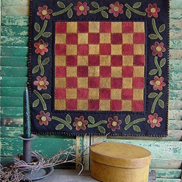 Instant Download Primitive Folk Art Wool Applique Penny Rug or Hooked Rug E-Pattern Checkered Floral Home Decor