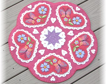 Wool Felt Applique PDF Pattern for Candle Mat / Penny Rug / Tabletop DIY Craft Hand Sewing Valentines Day Home Decor Stitching Project