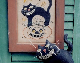 Patrón PDF de descarga instantánea para manualidades de costura, gato sobre calabaza y muestrario de puntadas, apliques de lana, Halloween, arte popular, decoración rústica para el hogar.