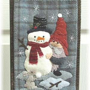 Wool Applique PDF Pattern for Gnome and Bunny Building a Snowman, Hand Stitching DIY Craft for your Home Decor