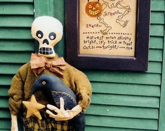 Instant Download PDF craft sewing Pattern for a Primitive Folk Art Skeleton Doll and Stitchery for your Halloween Decor The Country Cupboard