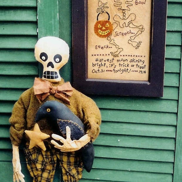 Instant Download PDF craft sewing Pattern for a Primitive Folk Art Skeleton Doll and Stitchery for your Halloween Decor The Country Cupboard