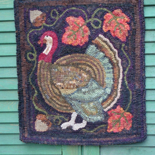 Instant Download PDF PATTERN for Folk Art Hooked Rug or Wool Applique Turkey Fall Thanksgiving Home Decor DIY Craft Sewing Project Wall Art