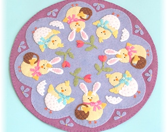 Wool Felt Applique PDF Pattern for Easter Chicks Spring Candle Mat / Penny Rug /Mug Rug / Tabletop Home Decor DIY Craft Hand Sewing Project