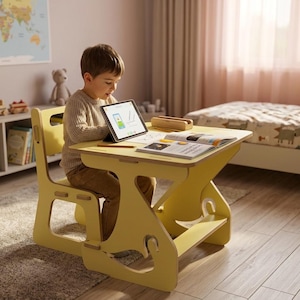 Puede incluir: Un juego de escritorio y silla de madera amarilla para niños. El escritorio tiene una parte superior inclinada y un reposapiés. Un niño está usando una tableta en el escritorio. La habitación tiene una decoración en tonos neutros, con un mapa del mundo en la pared.