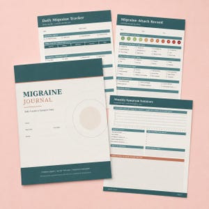 Könnte beinhalten: Ein Migräne-Tagebuch-Set bestehend aus einem Deckblatt mit kreisförmiger Grafik, einem täglichen Migräne-Tracker, einem Migräne-Attacken-Protokoll und einer monatlichen Symptom-Zusammenfassung. Die Seiten sind in Dunkelblau, Weiß und Orange.
