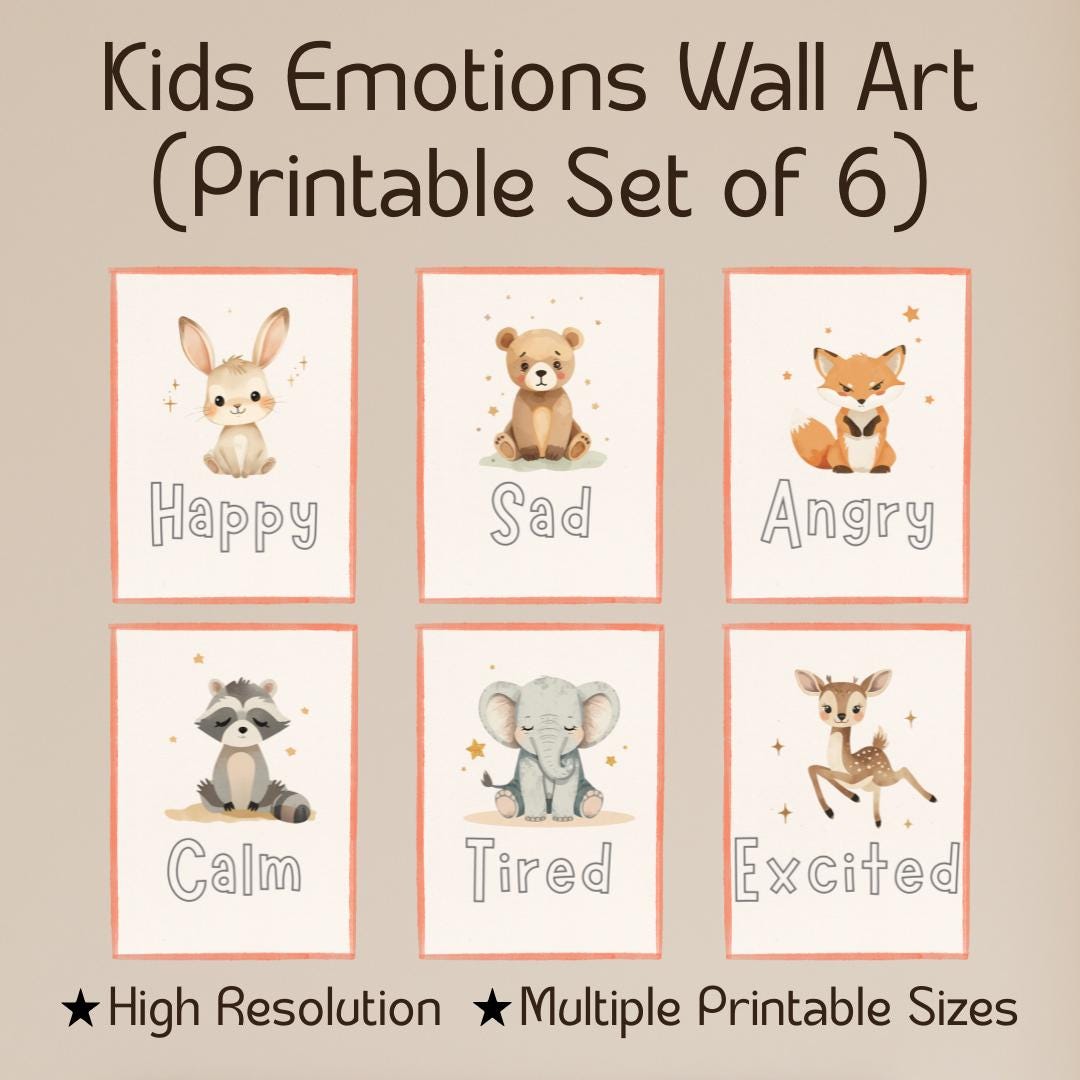 Kids Emotions Chart Printable Set of 6, Feelings Wall Art for Toddlers ...