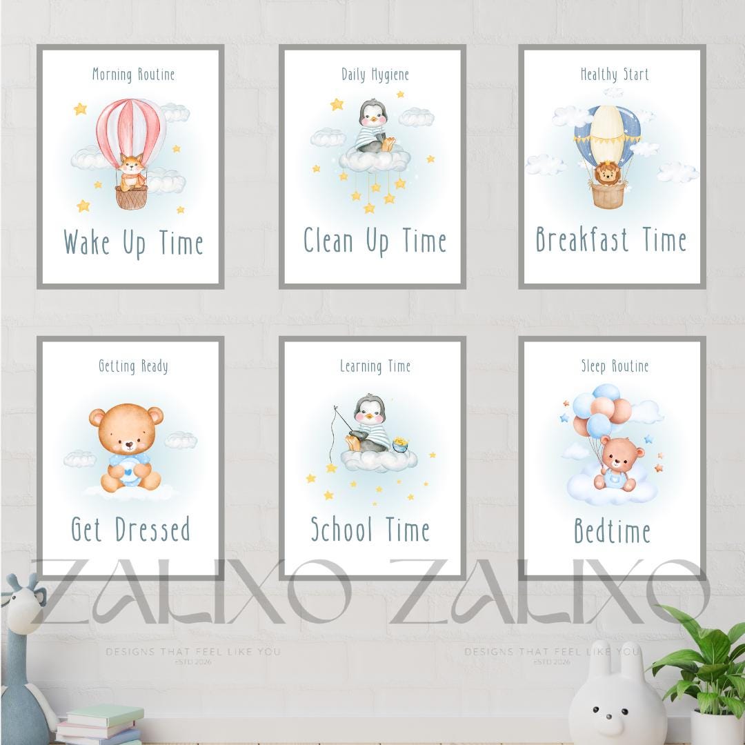 Routine Kids Wall Art Printable Set of 6, Daily Routine Chart for ...