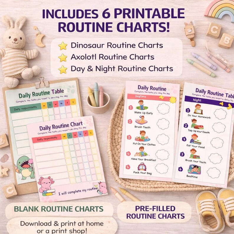 Kids Daily Routine Chart Printable, Morning & Night Routine Planner ...