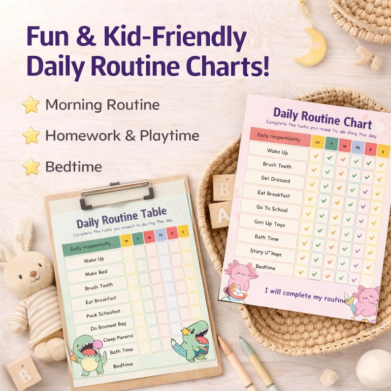 Kids Daily Routine Chart Printable, Morning & Night Routine Planner ...