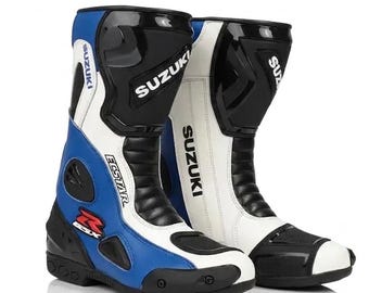 Botas de motociclismo de competición / Equipamiento de cuero para motociclistas / Botas de carreras en pista, Botas protectoras para motociclismo azules